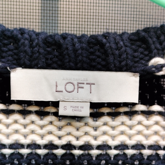 Loft Size S Striped Navy and White Knit Cardigan - Picture 2 of 4